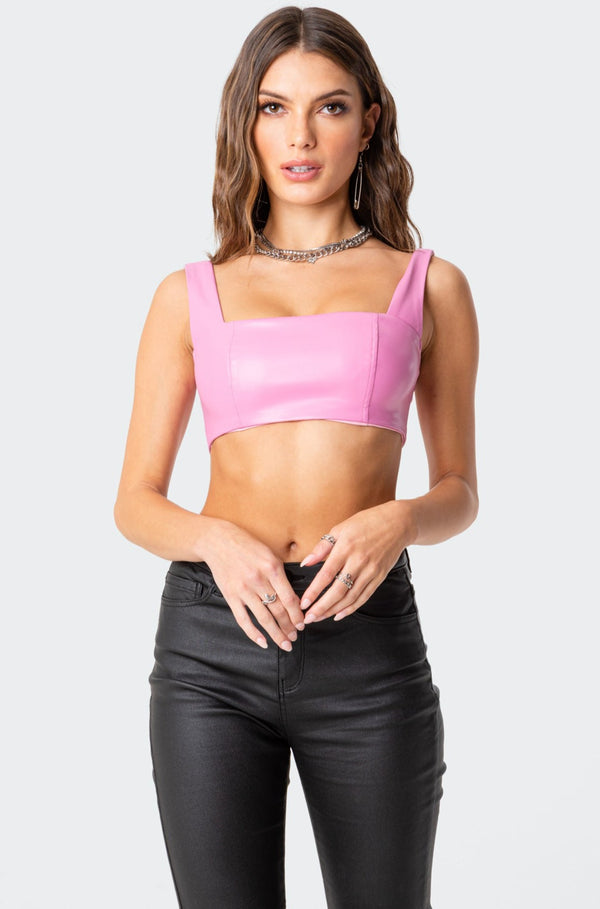 edikted Midnight Faux Leather Crop Top pink