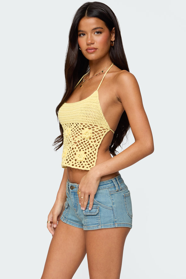 Edikted Miel Crochet Backless Halter Top Yellow