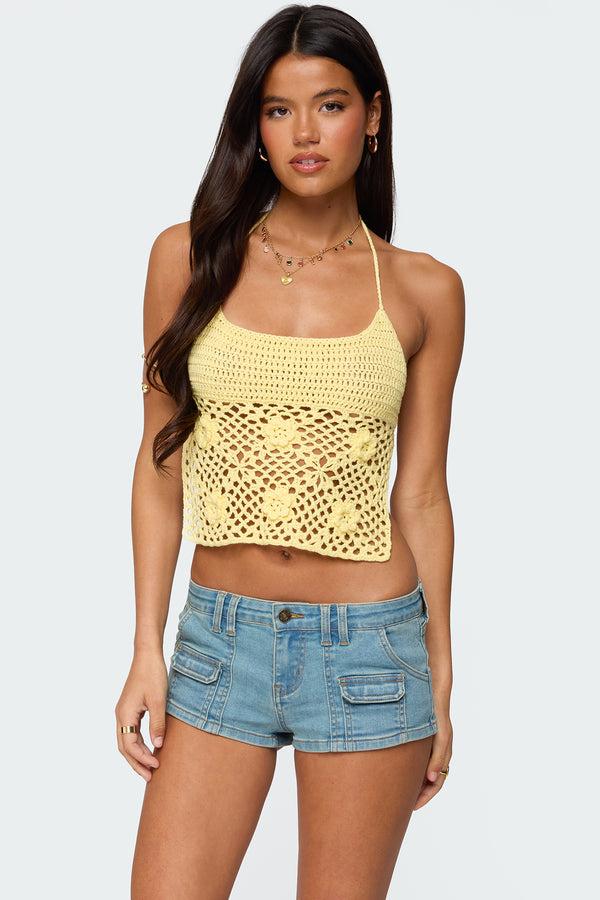 edikted Miel Crochet Backless Halter Top yellow