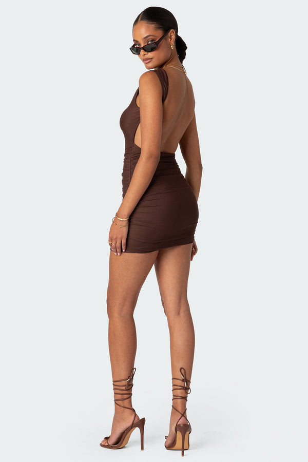 edikted Mikey Ruched Open Back Mini Dress brown