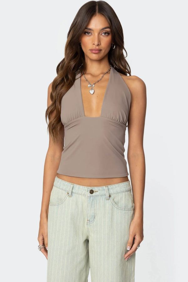 edikted Mila Plunge Neck Halter Top brown