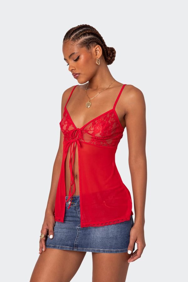 Edikted Mimosa Sheer Lace Long Tank Top Red