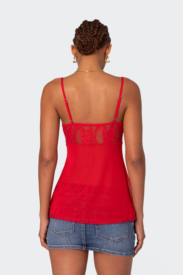 Edikted Mimosa Sheer Lace Long Tank Top Red