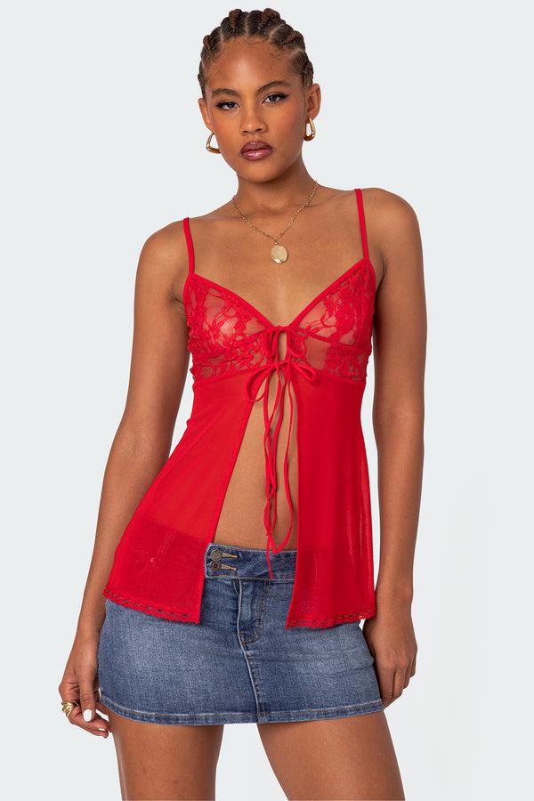 edikted Mimosa Sheer Lace Long Tank Top red
