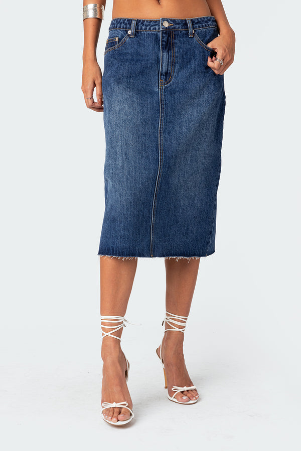 Edikted Mirah Denim Midi Skirt Dark Blue Washed