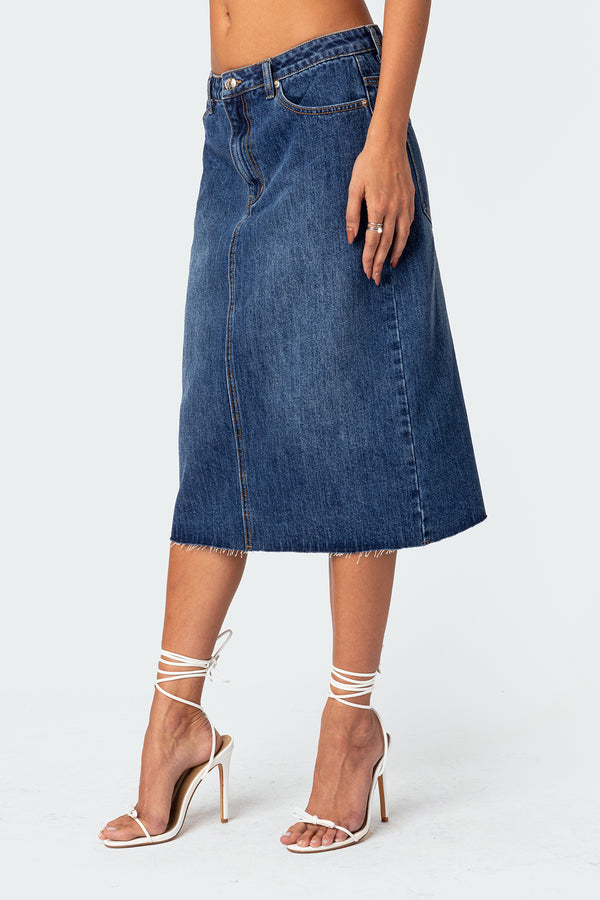 Edikted Mirah Denim Midi Skirt Dark Blue Washed