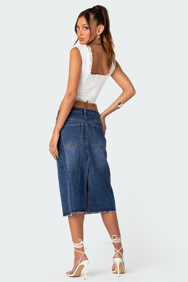 Edikted Mirah Denim Midi Skirt Dark Blue Washed