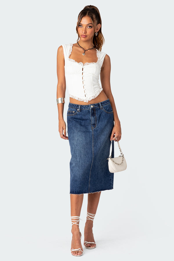 edikted Mirah Denim Midi Skirt dark blue washed