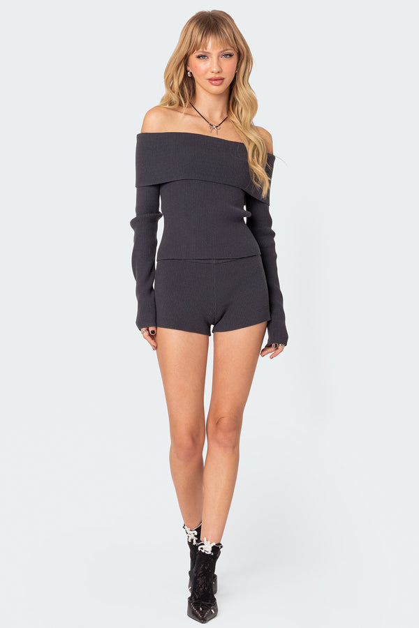 Edikted Miriam Fold Over Knit Top Dark Gray