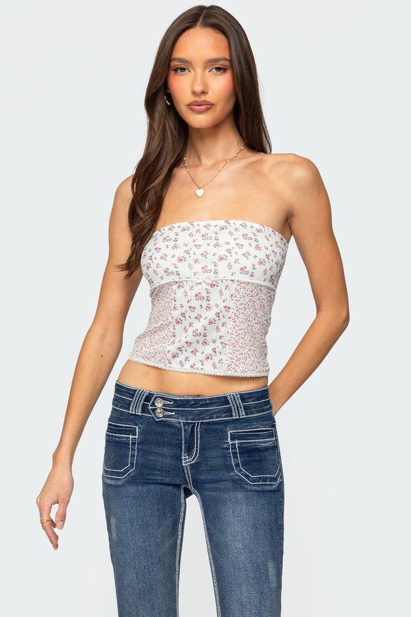 edikted Mixed Floral Pointelle Tube Top cream