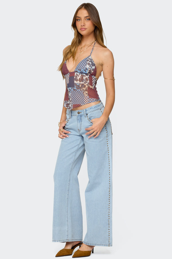 Edikted Mixed Patchwork Backless Halter Top Mix