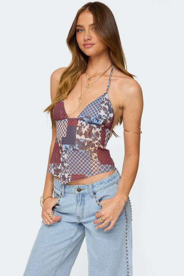 Edikted Mixed Patchwork Backless Halter Top Mix