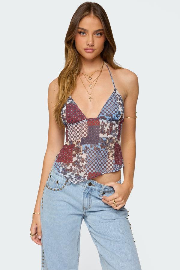 edikted Mixed Patchwork Backless Halter Top mix