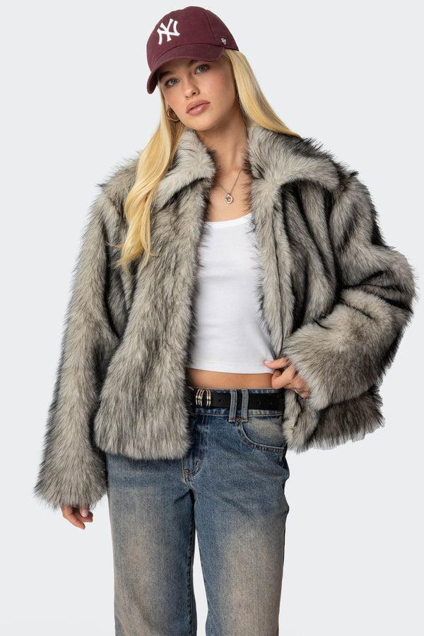 edikted Mob Wife Faux Fur Jacket black and white