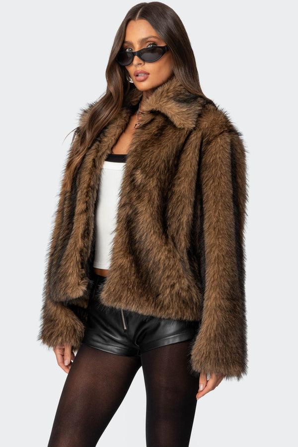 Edikted Mob Wife Faux Fur Jacket Brown