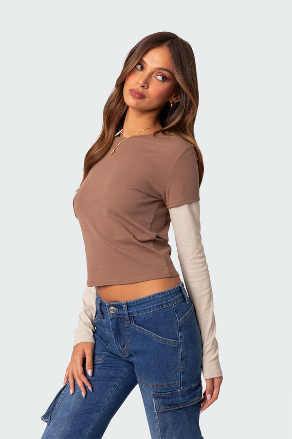 Edikted Mood Layered Long Sleeve T Shirt Brown