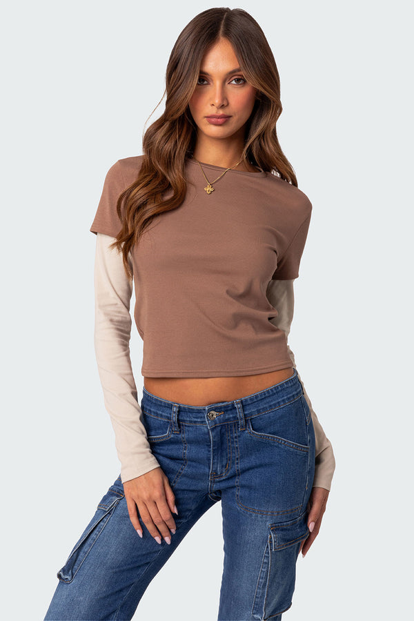 edikted Mood Layered Long Sleeve T Shirt brown