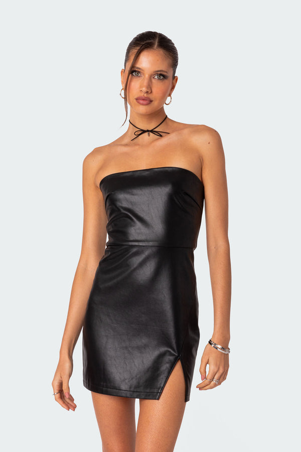 Edikted Moon Sign Faux Leather Mini Dress Black