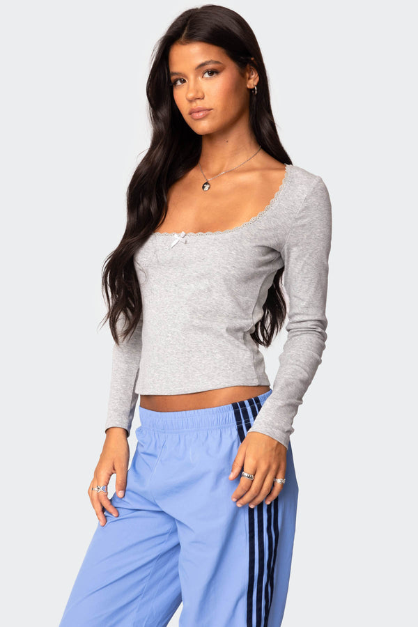 Edikted Mora Lace Trim Ribbed T Shirt Gray Melange