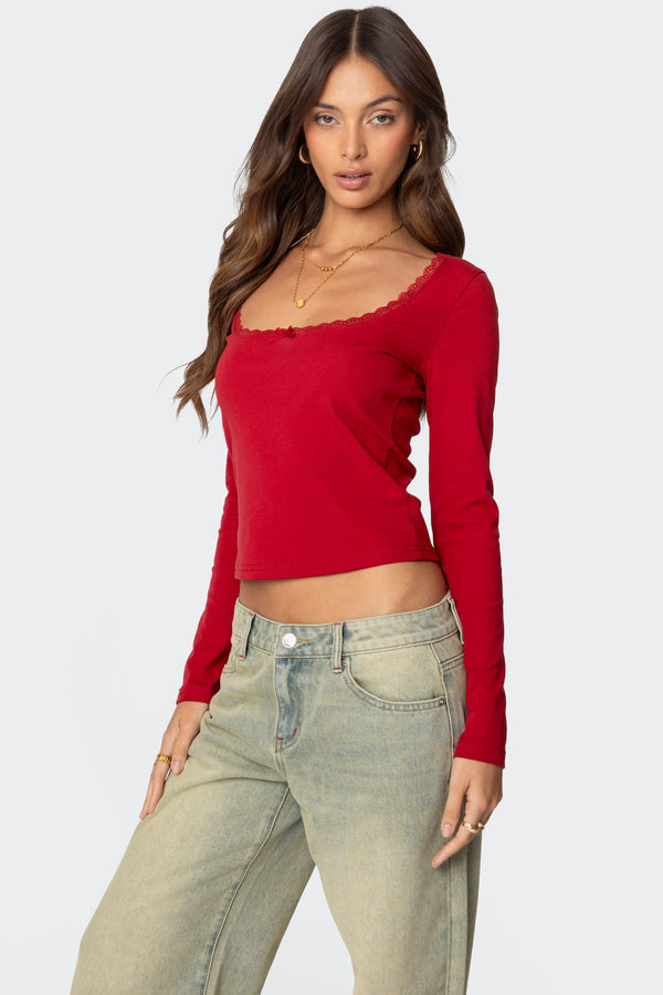 Edikted Mora Lace Trim Ribbed T Shirt Red