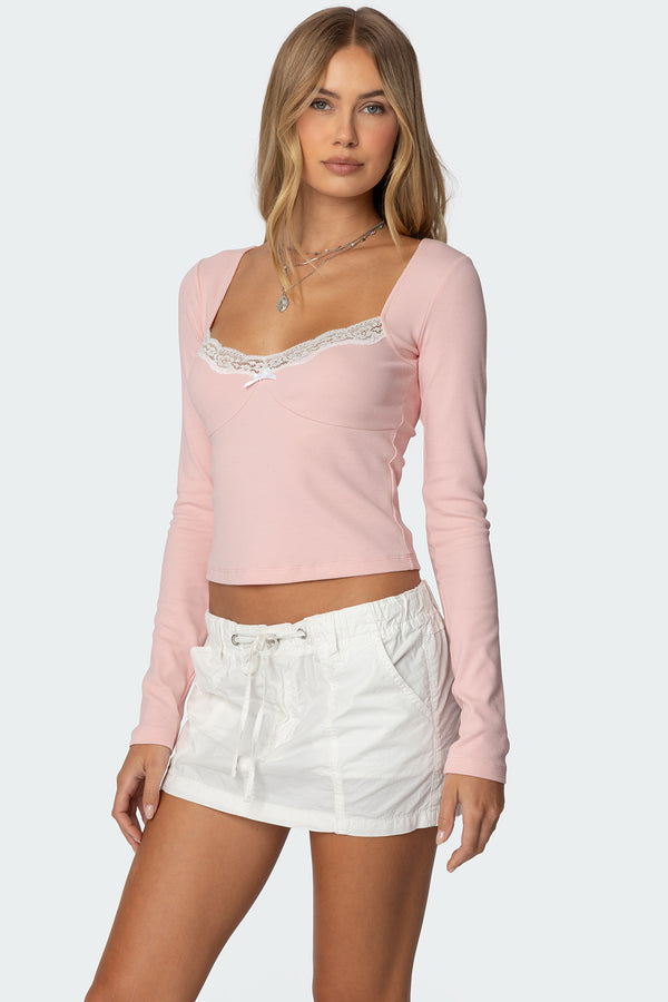 Edikted Morgyn Lace Trim Ribbed Top Light Pink