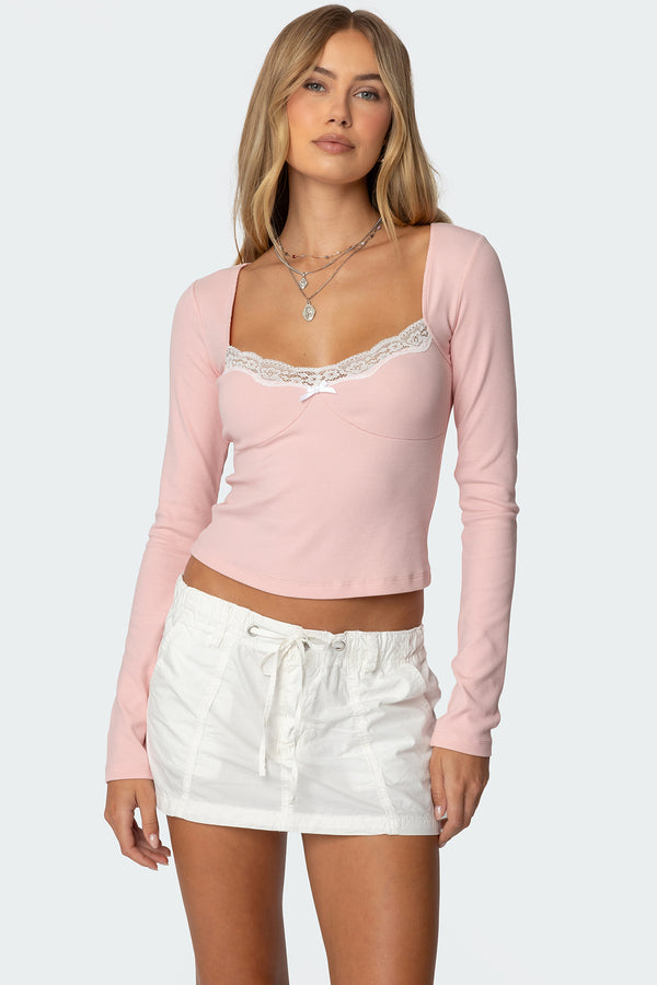 edikted Morgyn Lace Trim Ribbed Top light pink