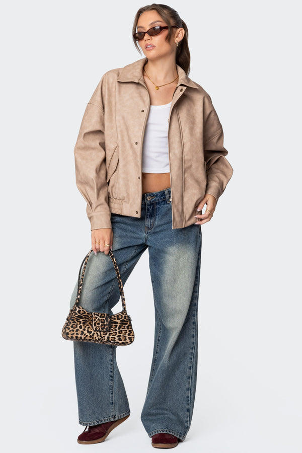 Edikted Mori Oversized Faux Leather Jacket Beige