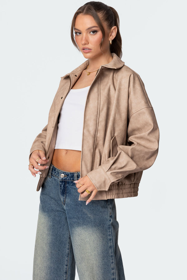 Edikted Mori Oversized Faux Leather Jacket Beige