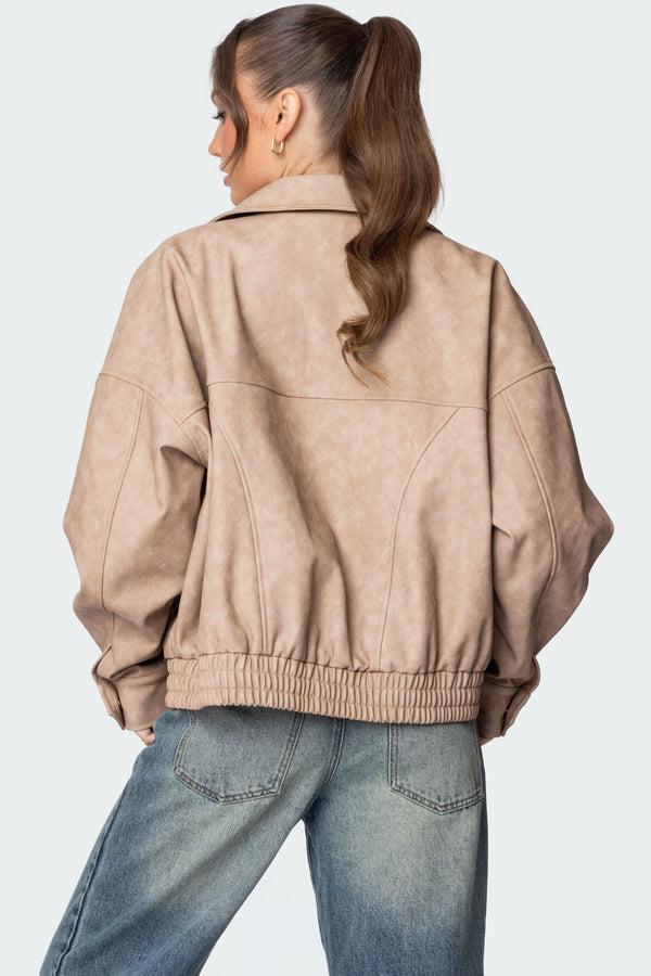 Edikted Mori Oversized Faux Leather Jacket Beige