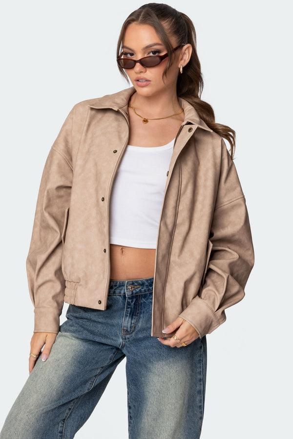 edikted Mori Oversized Faux Leather Jacket beige