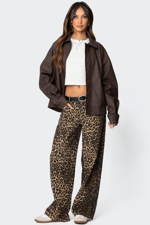 Edikted Mori Oversized Faux Leather Jacket Brown