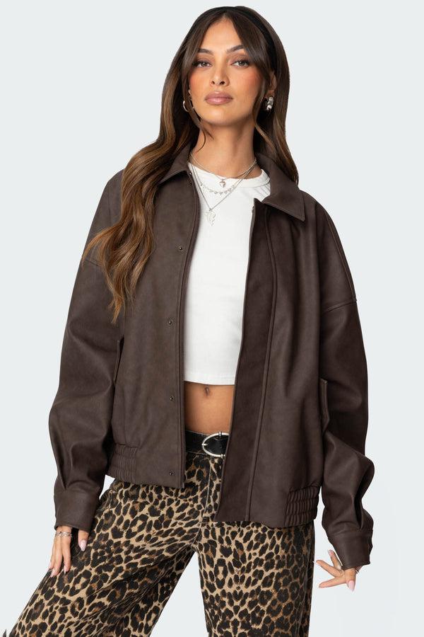 edikted Mori Oversized Faux Leather Jacket brown