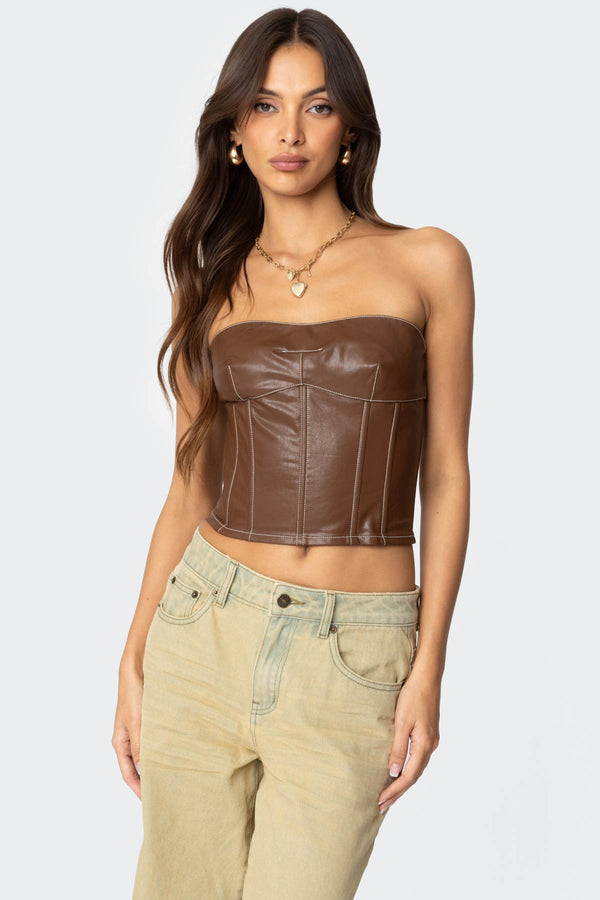 edikted Moss Faux Leather Lace Up Corset brown
