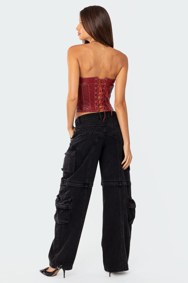 Edikted Moss Faux Leather Lace Up Corset Burgundy
