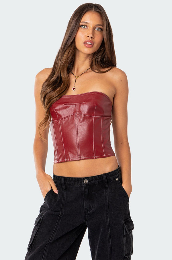 edikted Moss Faux Leather Lace Up Corset burgundy