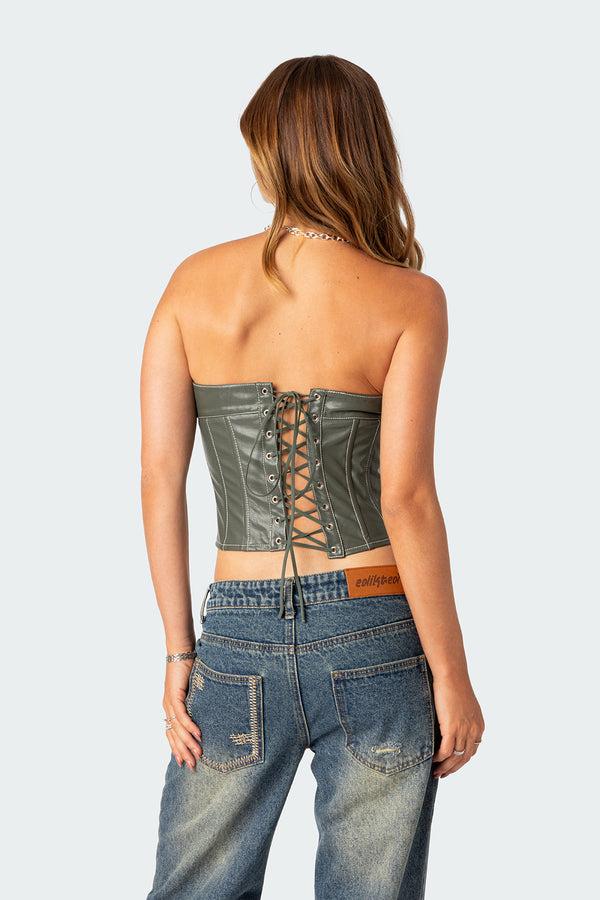 Edikted Moss Faux Leather Lace Up Corset Olive