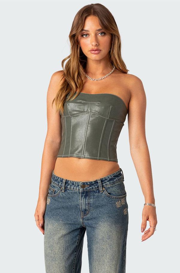 edikted Moss Faux Leather Lace Up Corset olive