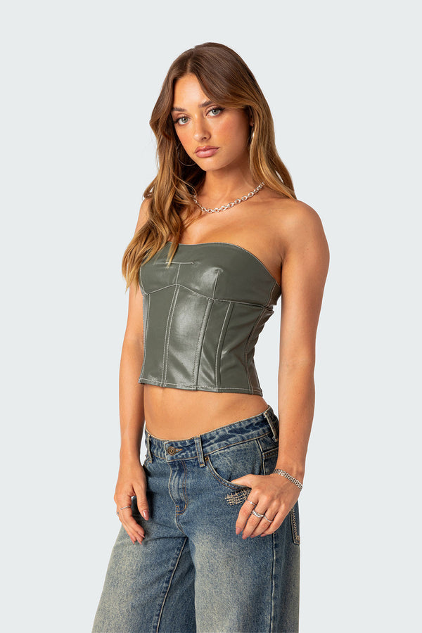 Edikted Moss Faux Leather Lace Up Corset Olive