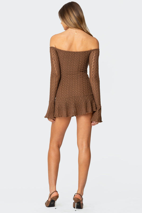 Edikted Mya Off Shoulder Textured Mini Dress Brown