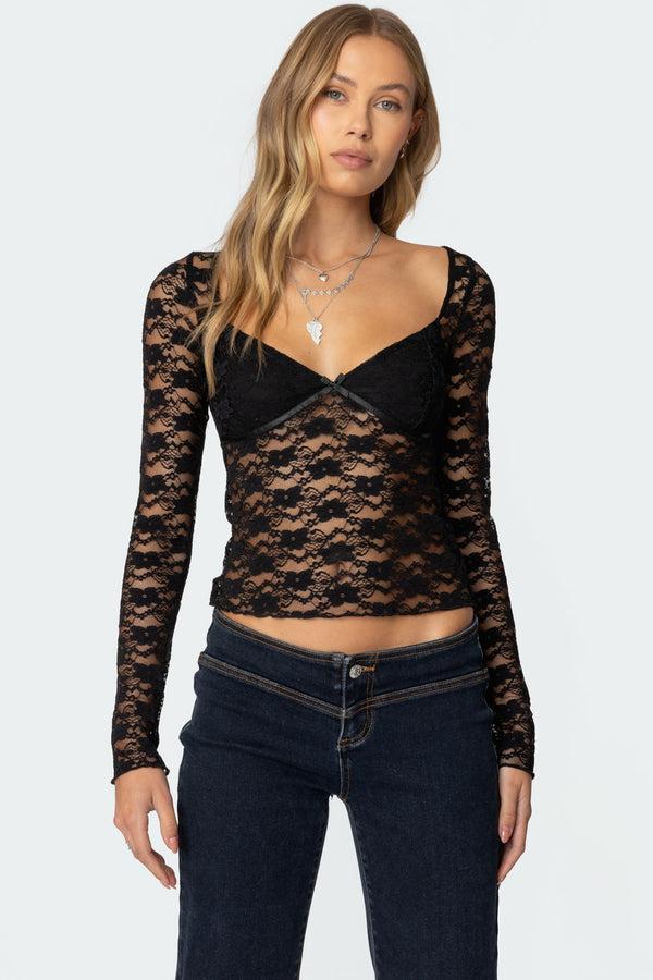 edikted Mykonos Sheer Lace Top black