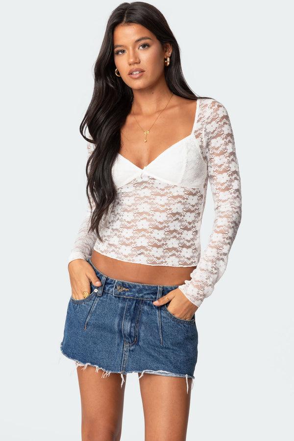 Edikted Mykonos Sheer Lace Top White
