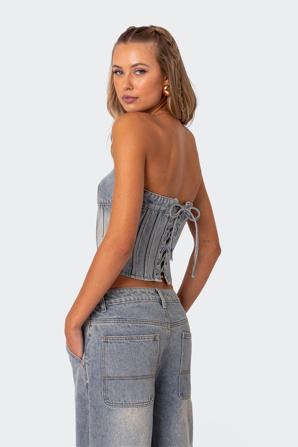 Edikted Myla Washed Denim Corset Blue