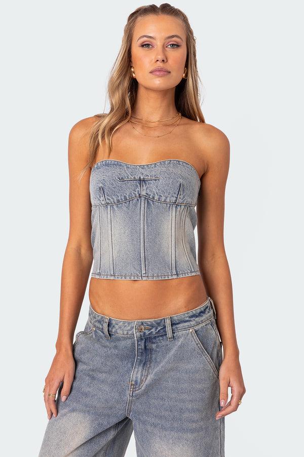 edikted Myla Washed Denim Corset blue