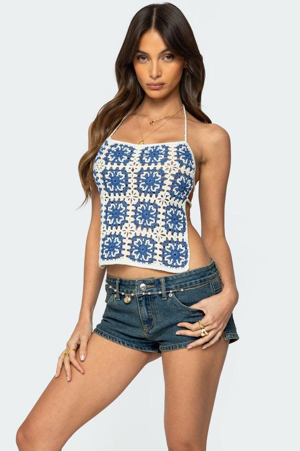 Edikted Naia Backless Crochet Top Blue And White