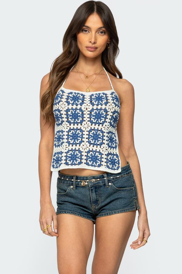 edikted Naia Backless Crochet Top blue and white