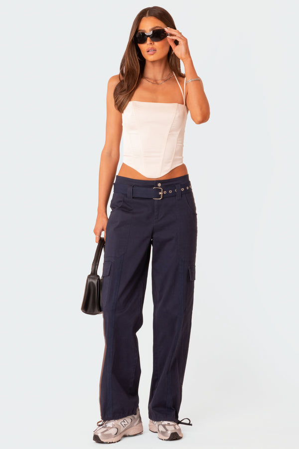 Edikted Nara Satin Effect Lace Up Corset Cream