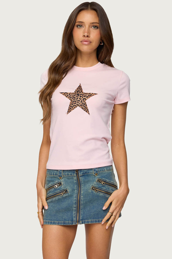 edikted Narla Leopard Star T Shirt light pink