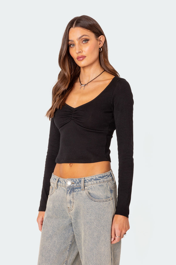 Edikted Nat Ruched V Neck Top Black