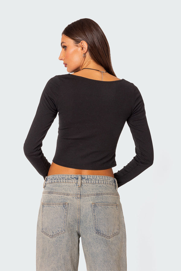 Edikted Nat Ruched V Neck Top Black