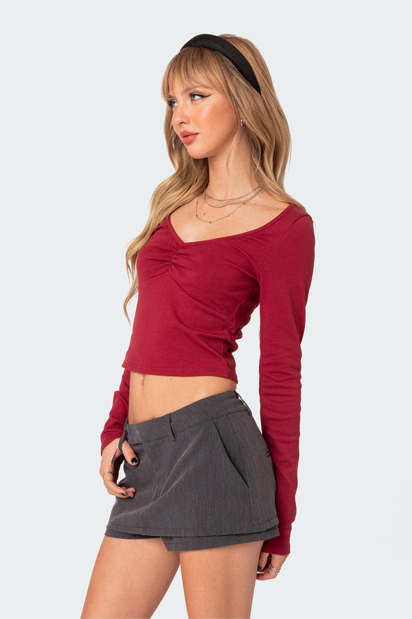 Edikted Nat Ruched V Neck Top Burgundy